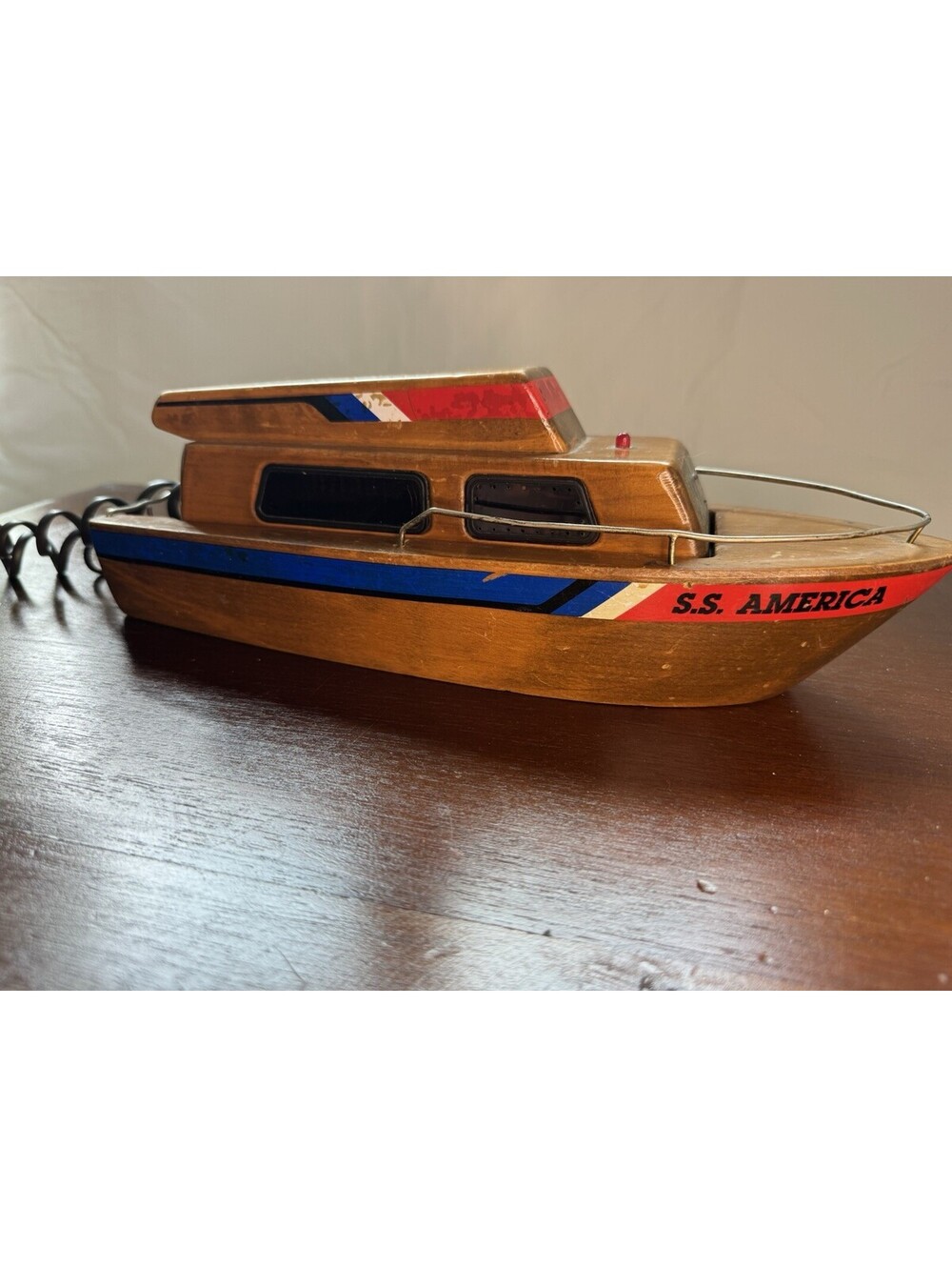 Telemania S.S. America Boat-Shaped Wooden Novelty Corded Landline Telephone RARE